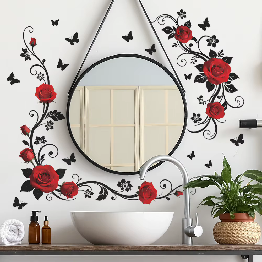 Sticker mural papillon et fleurs rouges