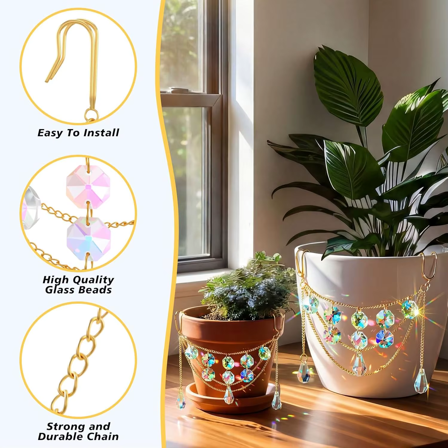 Support de plante attrape-soleil avec perles et cristaux de verre