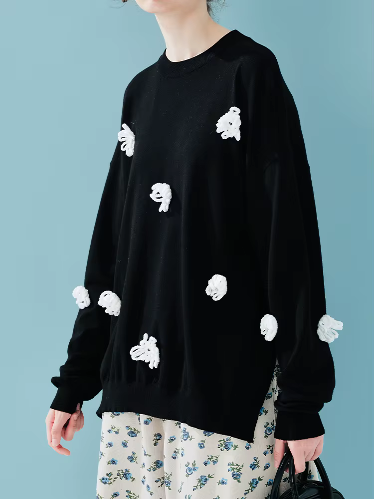 IMAKOKONI – pull blanc pour femmes, avec patchs de fleurs 3D, décontracté, amusant, mignon, ample, à la mode, automne et hiver 