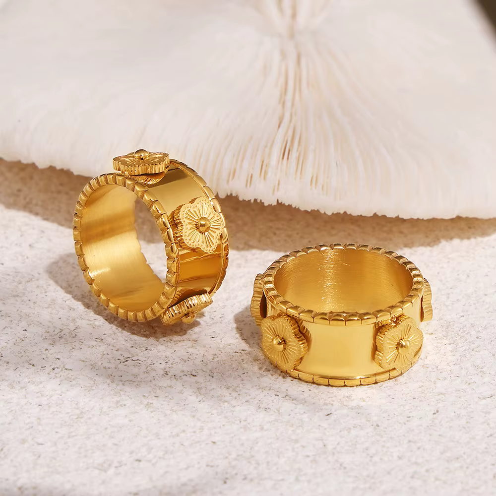 Bracelet de luxe en acier inoxydable plaqué or 18 carats pour femme, ensemble de matiques, gaufrage de fleurs, étanche, bijoux Nette, vente en gros