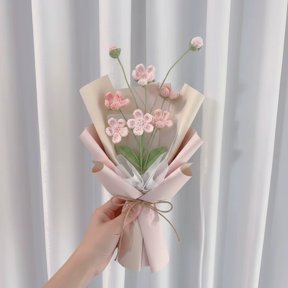 Bouquet de fleurs DIY mignonnes, fleurs au crochet, décoration de mariage et de maison, cadeaux, fleurs tissées à la main, arrangement floral pour la maison