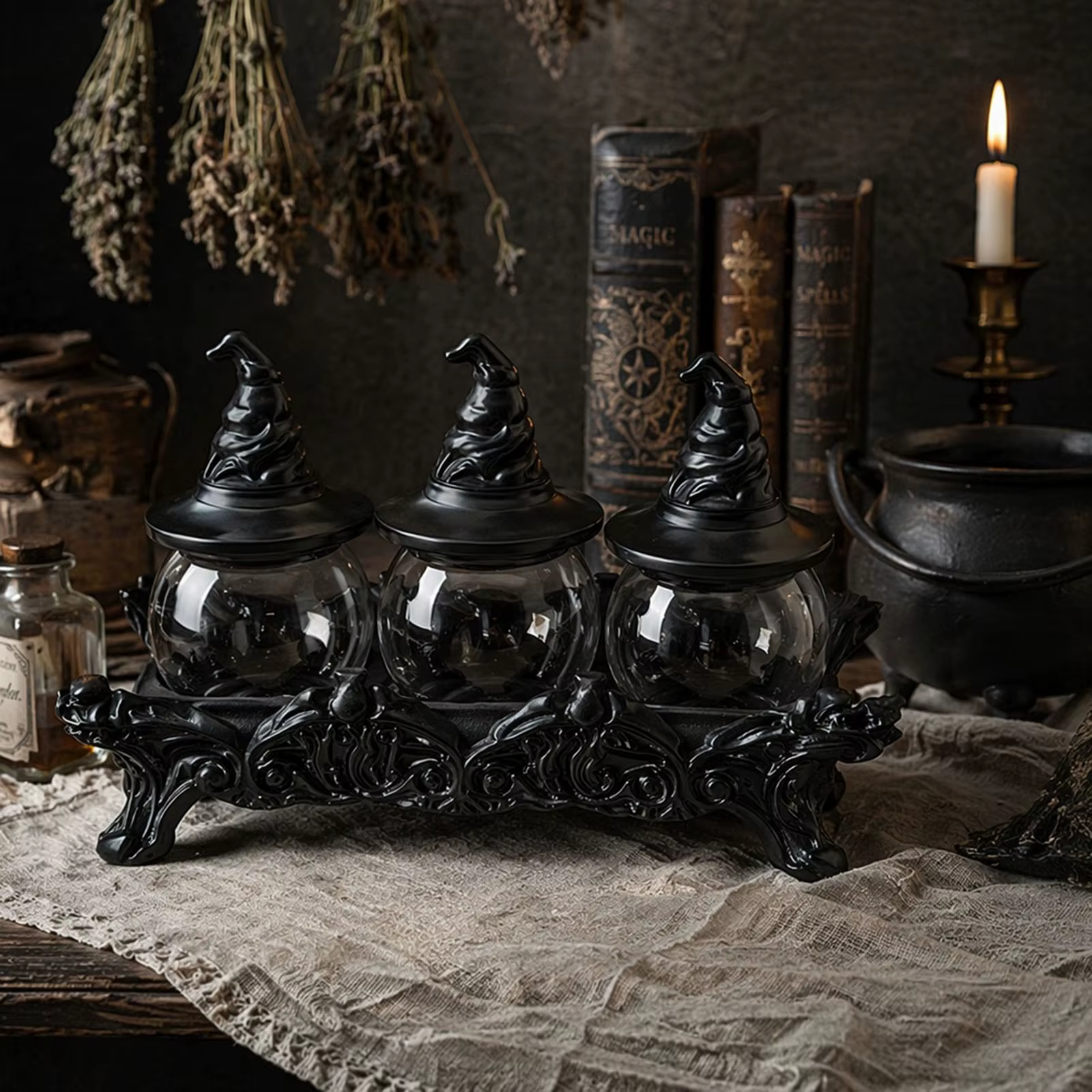 Ensemble de pots à épices d'apothicaire avec couvercles en forme de chapeau de sorcière, décoration de cuisine Witchcore, récipients de stockage alimentaire gothiques pour sel, poivre, thé