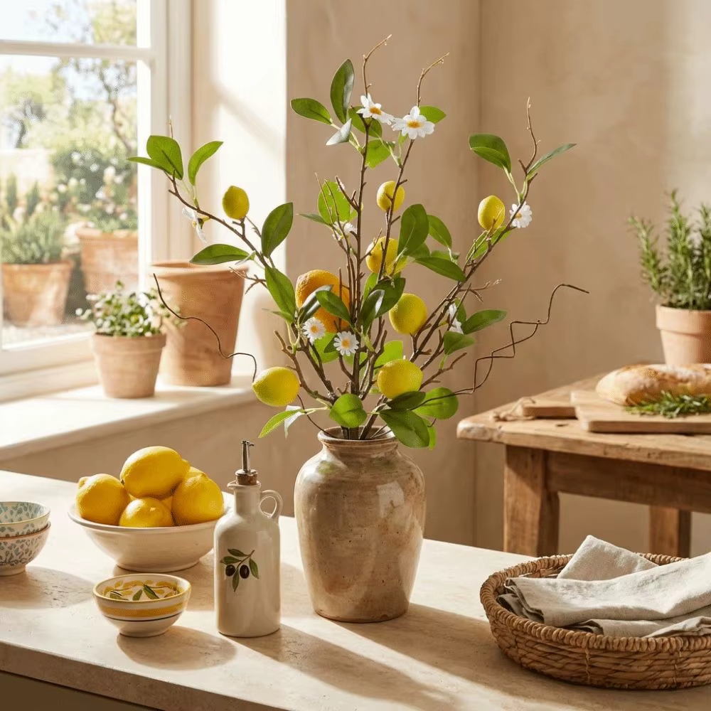 Branche de citron artificielle en plastique avec fleurs