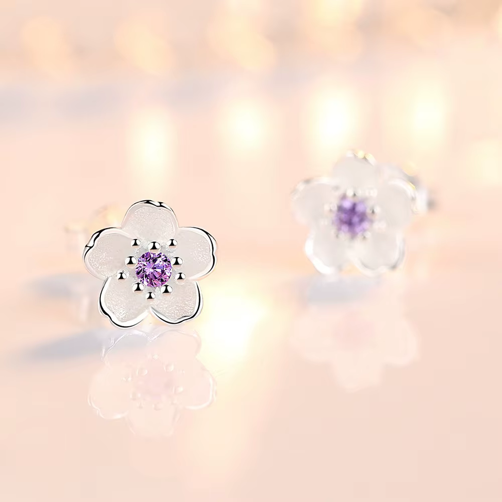 Boucles d'oreilles clous exquises et romantiques en zircon rose et violet, motif fleur à cinq pétales, pour femme, accessoire de mode mignon pour le quotidien