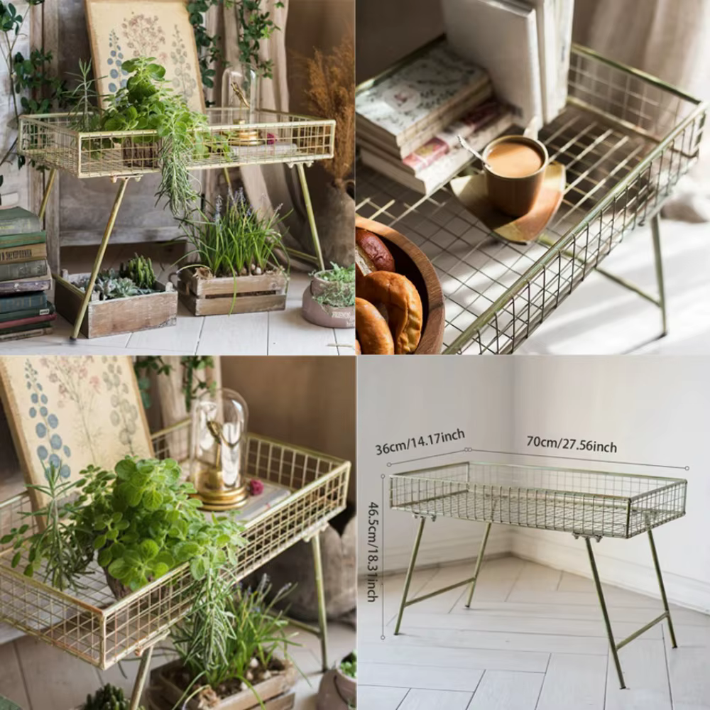 Support à plantes vintage en métal, étagère rectangulaire en fil métallique pour pots de fleurs, finition verte rétro, table de présentation de plantes d'intérieur et d'extérieur style ferme