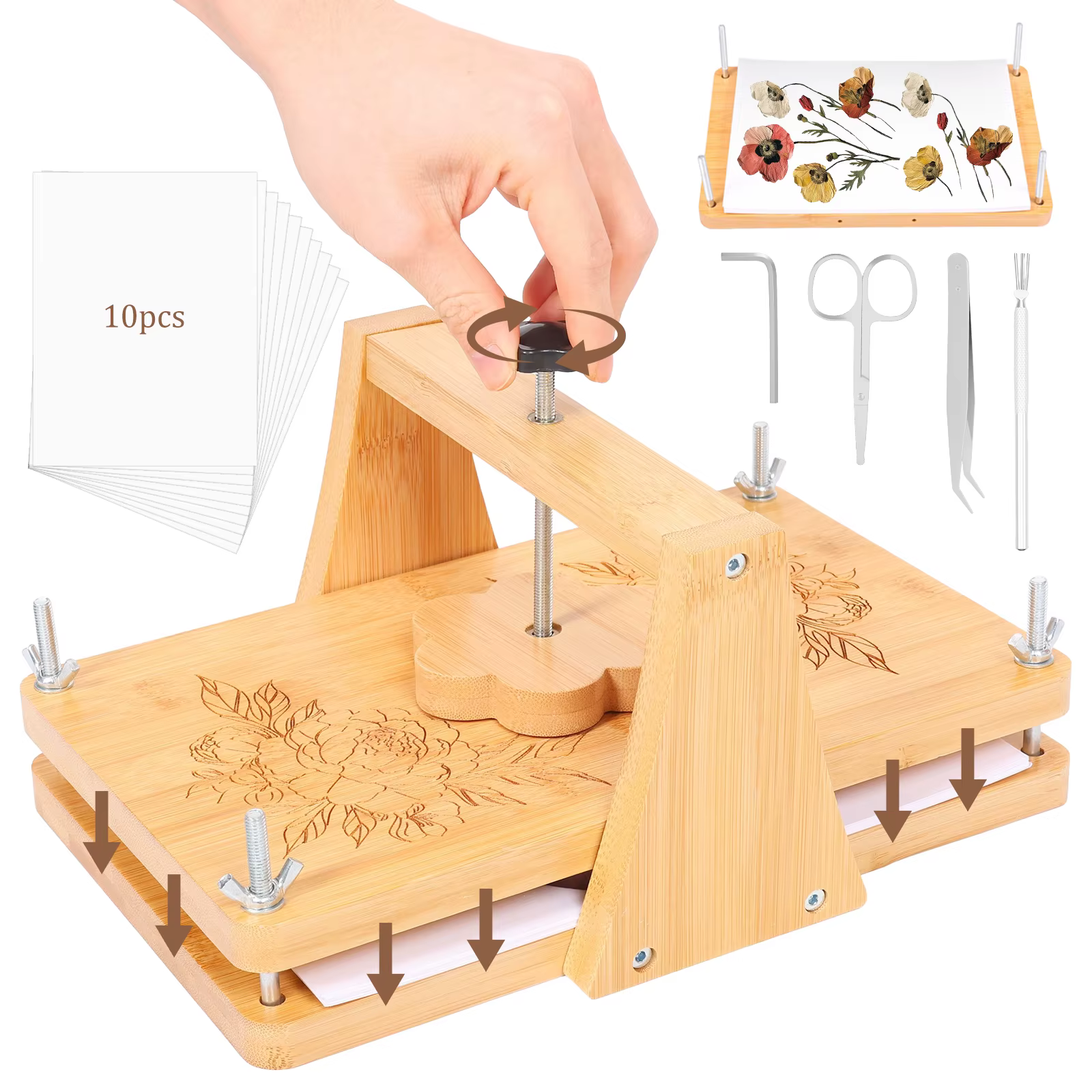 Kit de presse à fleurs grand format 11 x 7 pouces, kit de pressage de fleurs en bois DIY avec accessoires pour spécimens de plantes séchées, mariage, art DIY