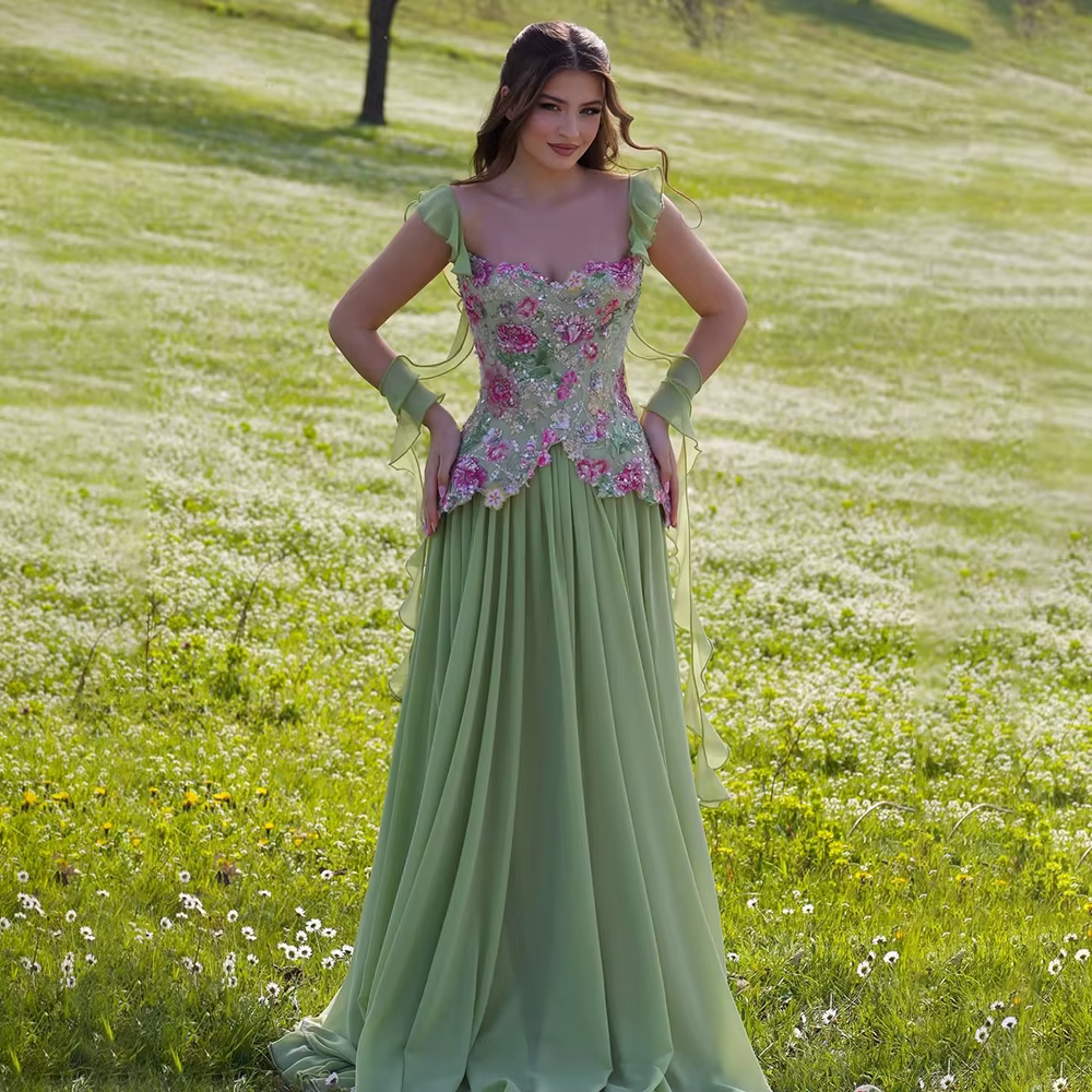 Robe de soirée verte à fleurs avec perles, robe de soirée florale à volants, robe d'occasion formelle pour princesse, robe personnalisée