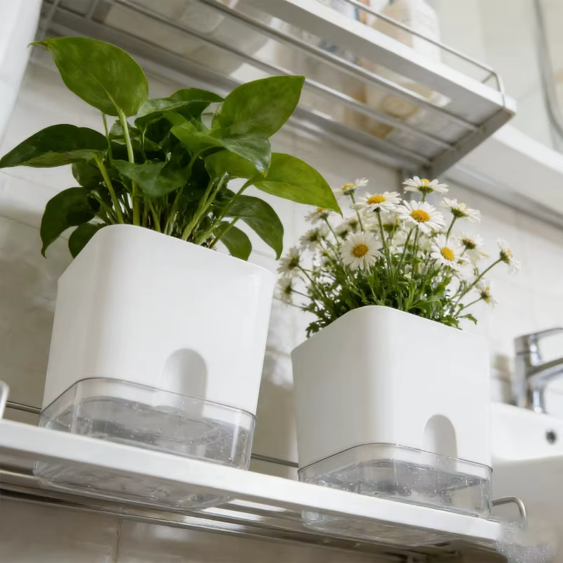 Pot de fleurs auto-arrosant blanc carré à double couche pour plantes d'intérieur et d'extérieur