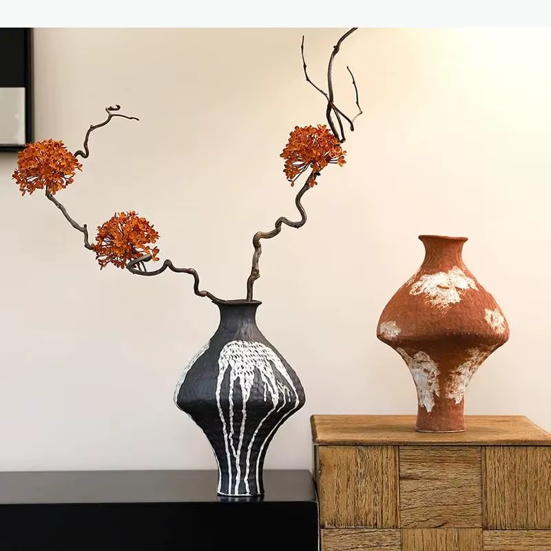 Vase en céramique vintage, fleurs artificielles, pot décoratif, décoration de bureau, œuvre d'art abstraite, vases floraux, décoration esthétique de la pièce