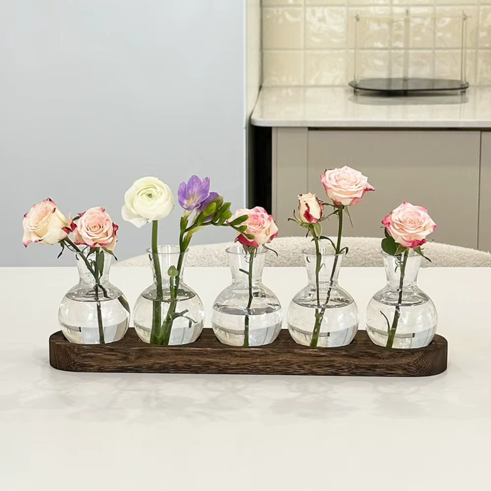 Vase en verre moderne, terrarium avec plateau en bois