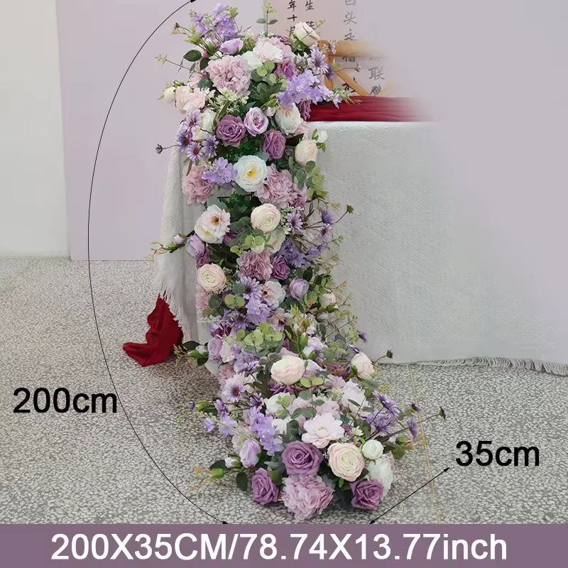 Guirlande de roses violettes d'automne et d'hortensias, plantes vertes, chemin de table, décoration de fond de mariage, mur floral artificiel suspendu, accessoires pour événements et fêtes.
