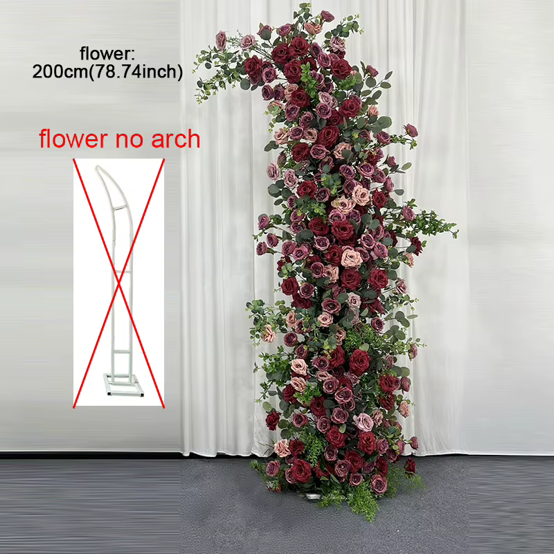 Arrangement floral de roses rouges et feuilles d'eucalyptus vertes de 1,7 m à 2,3 m, décoration de fond de scène de mariage, rangée de fleurs artificielles.