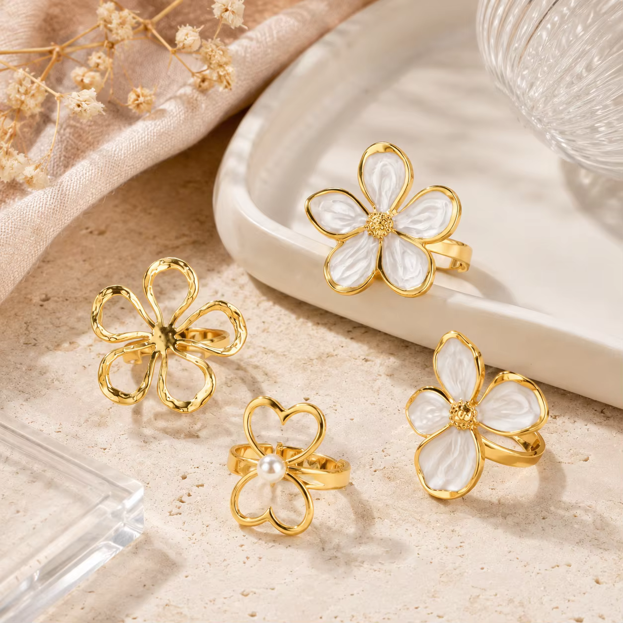 Bagues fleuries, style vintage français, plaqué or 18 carats, grande bague florale ajourée, bijou esthétique ouvert et ajustable pour femme