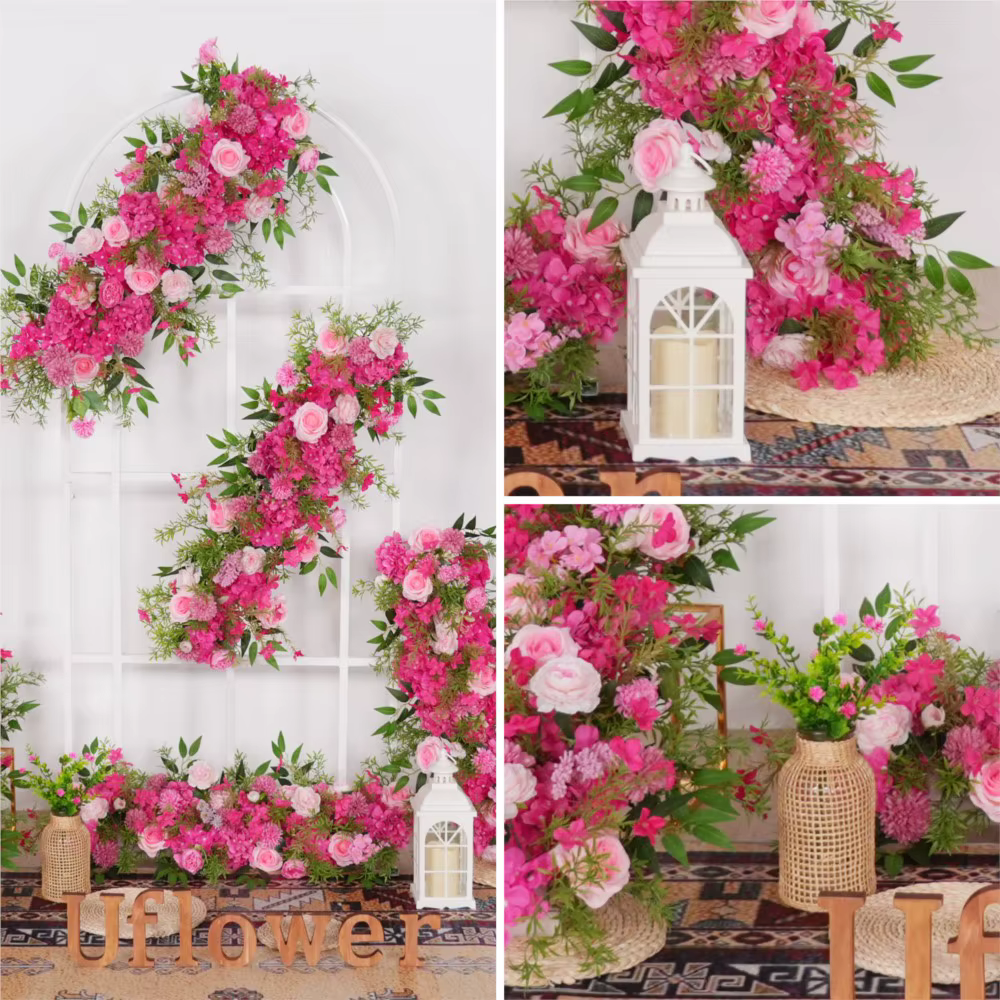 Uflower 100/200cm Guirlande de fleurs de roses rouges et d'hortensias pour centre de table