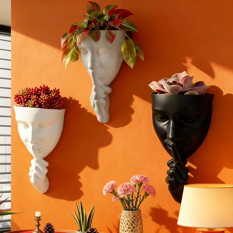 Pot de fleurs mural artistique en forme de visage