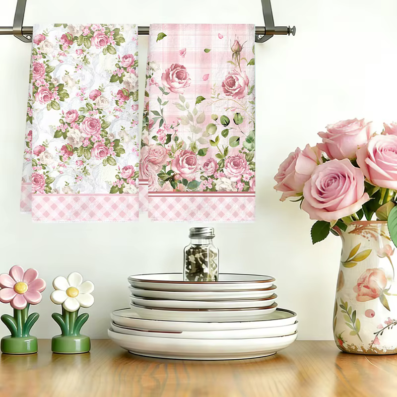 Lot de 2 torchons de cuisine roses à motifs floraux printaniers