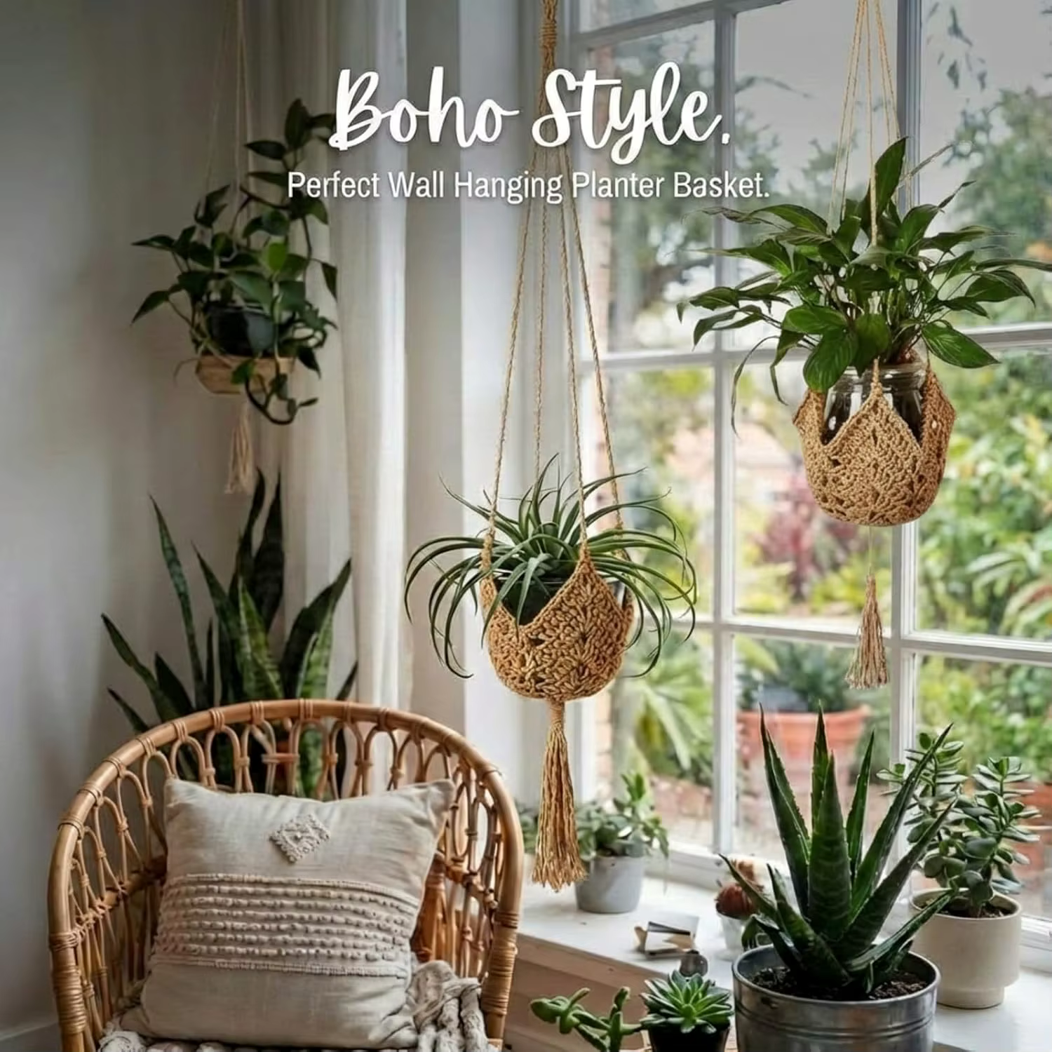 Support de plante en macramé long en jute pour pots de 3 à 12 pouces avec crochets en forme de S pour la décoration de la maison (marron)