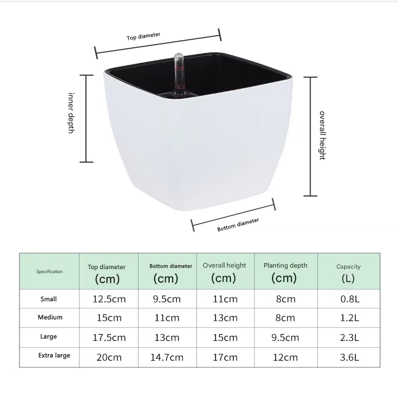 Pot auto-arrosant blanc avec indicateur de niveau d'eau