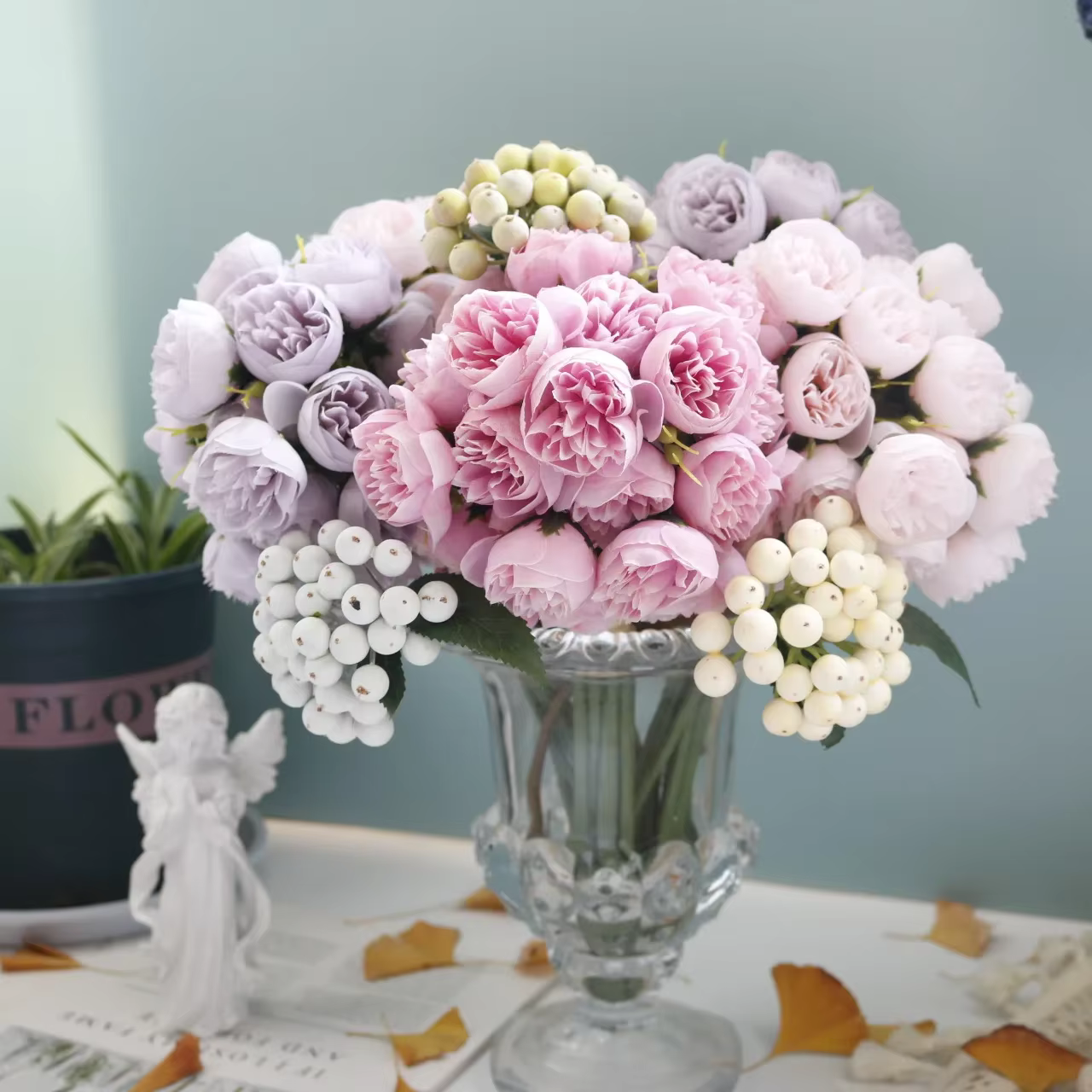 27 têtes Rose pivoine fleurs artificielles Bouquet de soie Roses fausse fleur pour Vase de Table organiser