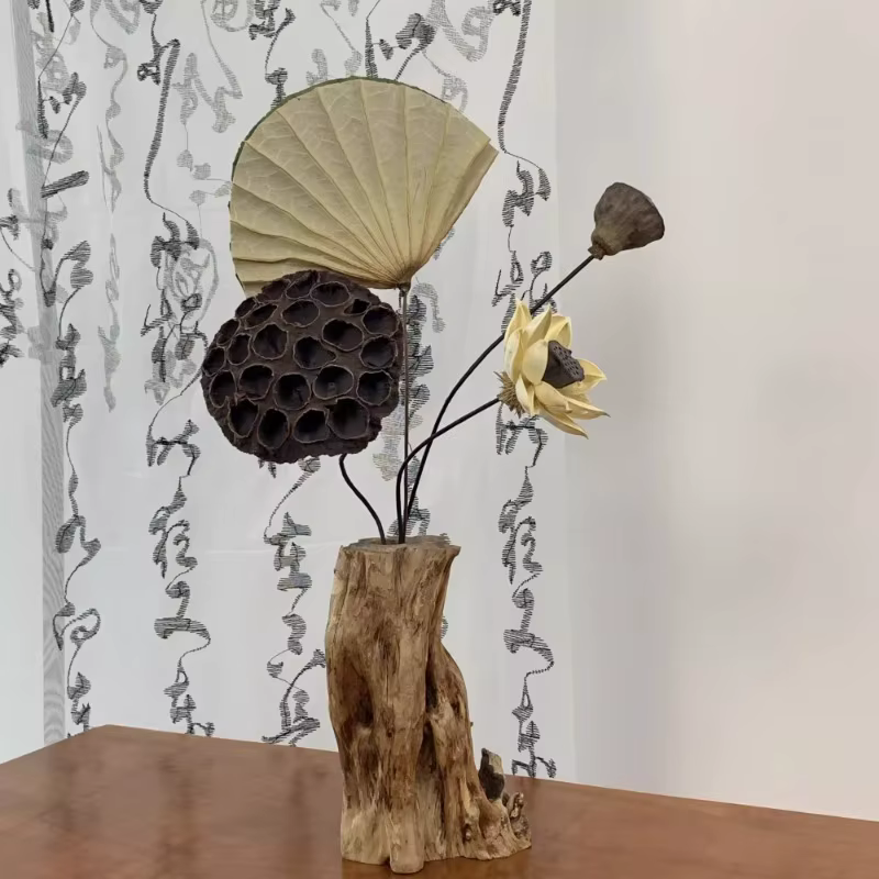 Vase de fleurs séchées en bois massif zen rétro chinois