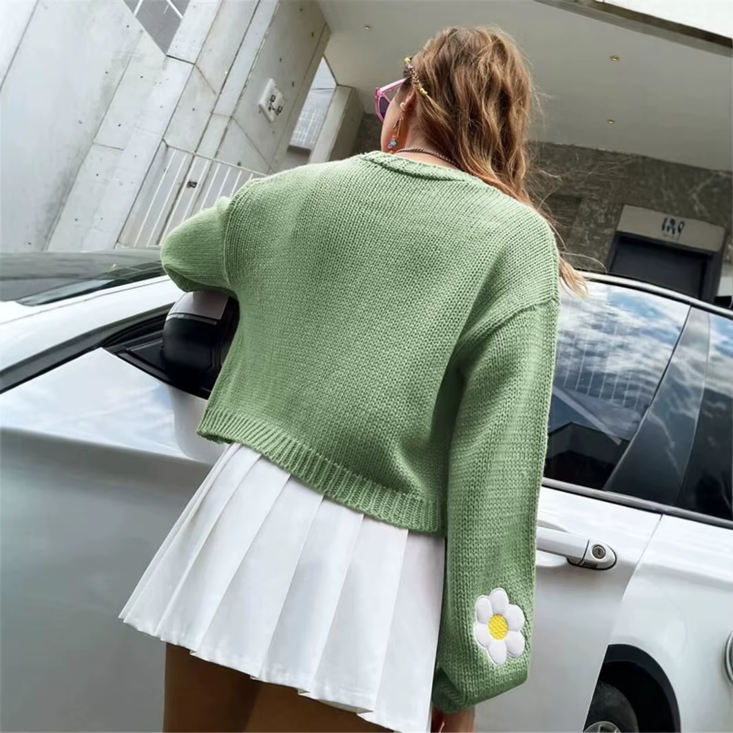 Pull-over cardigan pour femme, motif floral doux, nouvelle collection automne, coupe ample, court, tricoté