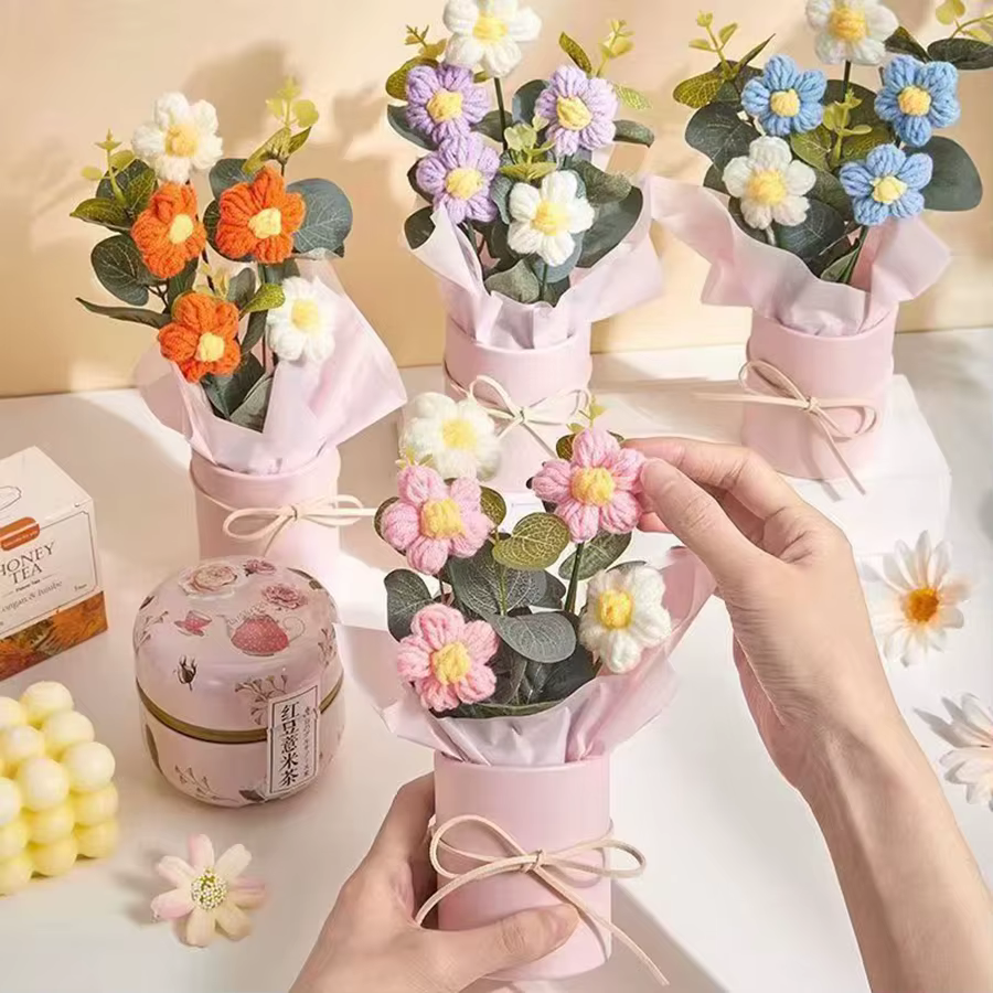 1 Pièce Magnifique Bouquet de Fleurs en Fil de Laine avec Tube Floral