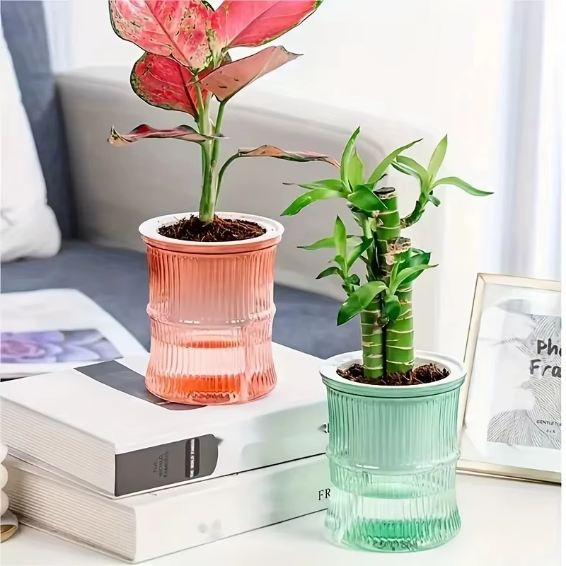Pot de fleurs auto-arrosant transparent à double couche
