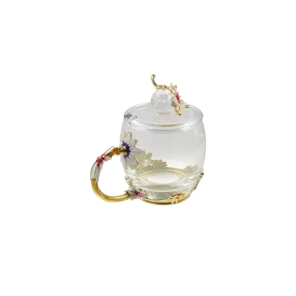 Tasses à café en verre Vintage, fleur en émail, poignée décorative, ensemble d'assiettes de tasse à thé, élégant, fait à la main, tasse à thé en verre Transparent, anniversaire