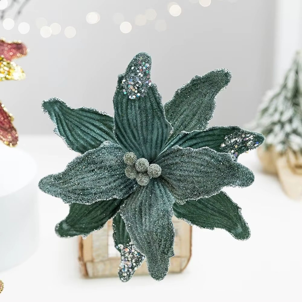 Fleur de noël artificielle en Faux velours avec paillettes