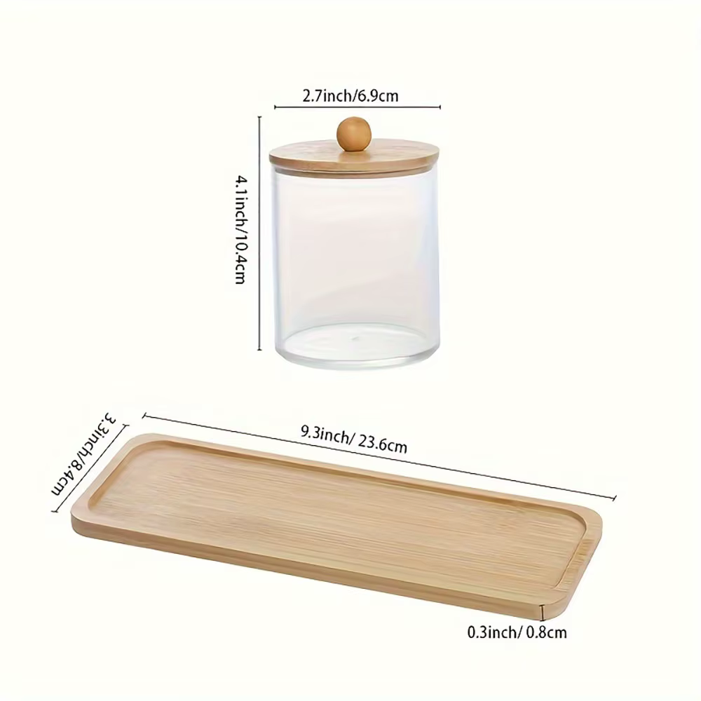 Support en bambou avec 1 plateau de commode, figurines d'apothicaire avec couvercle en bambou, récipient de salle de bain transparent, 3 écouvillons, boules, tampons, ensemble de 4 pièces