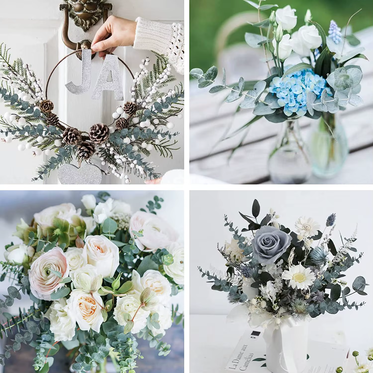 Yannew 12 pièces tiges d'eucalyptus artificielles argent Dollar verdure fausses plantes pour Bouquet de mariage Arrangement Floral décor à la maison