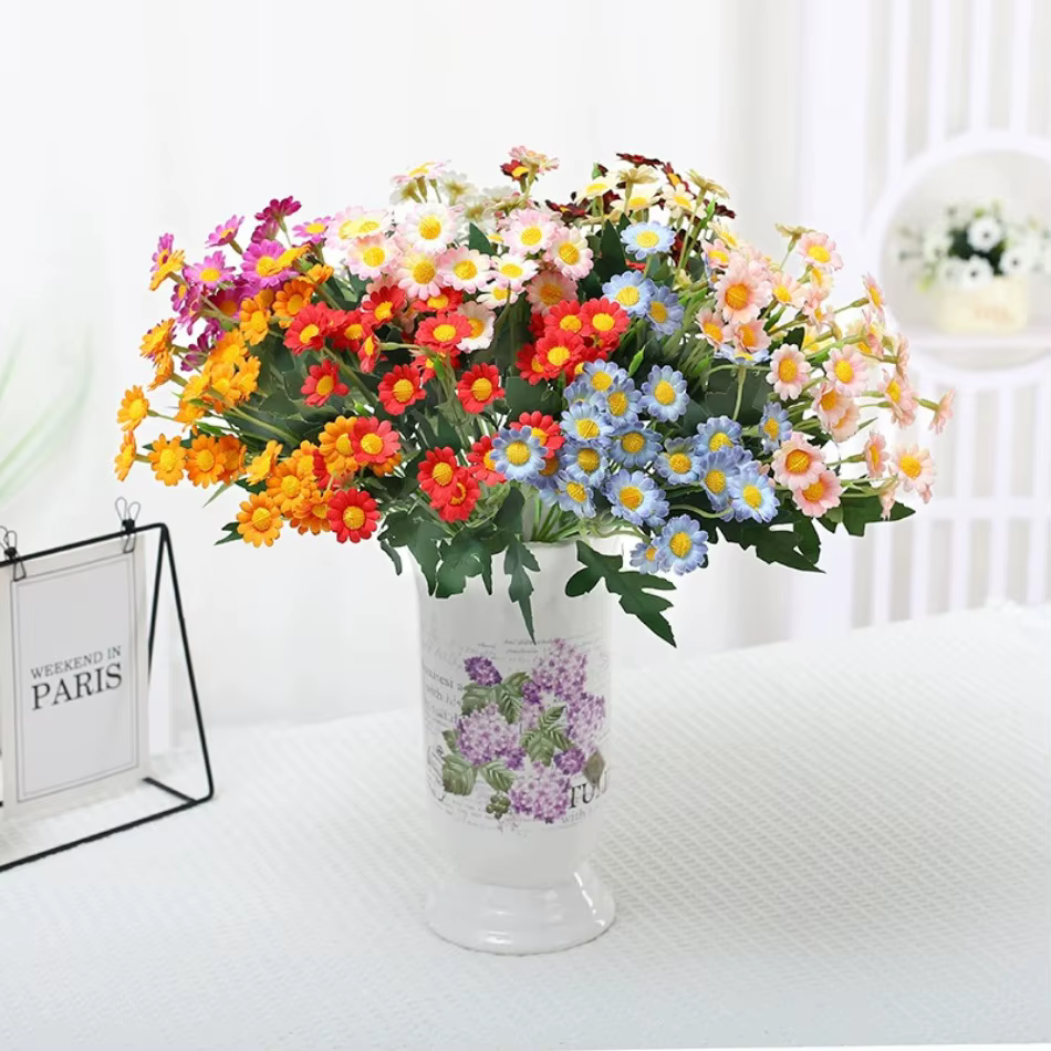 Bouquet de camomille, marguerite et chrysanthème sauvage en soie à 28 têtes pour mariages/décoration de la maison