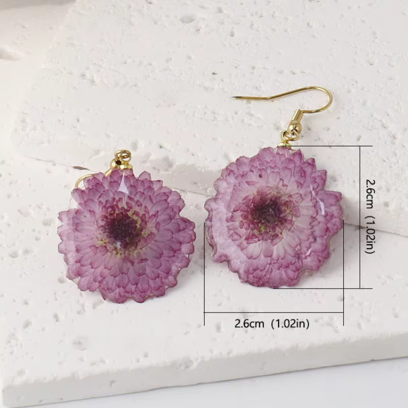 Boucles d'oreilles élégantes en fleurs séchées, faites à la main en résine époxy, bijoux uniques en fleurs naturelles, accessoires personnalisés en gros