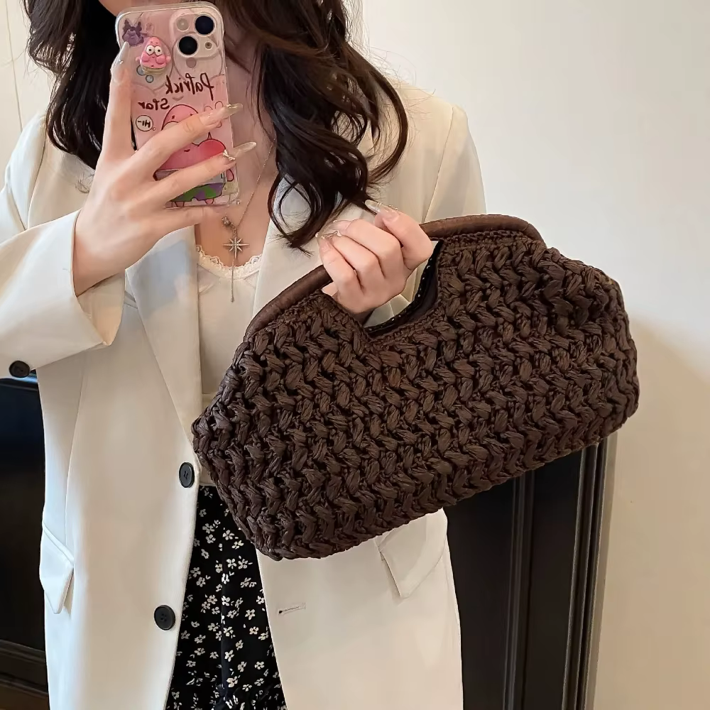 Nouveau sac de plage d'été pour femme, pochette de luxe, sacs en paille de créateur, sac fourre-tout, sac à main tendance en rotin tressé, sac de voyage pour femme