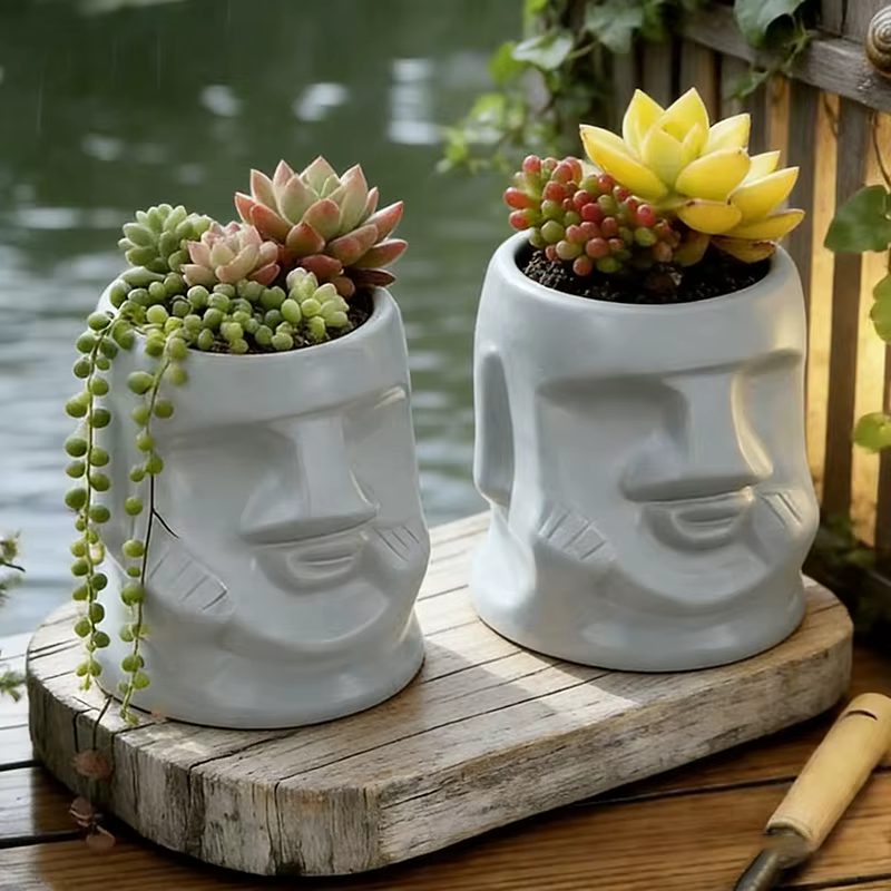 Pot de fleurs en céramique créatif en forme de visage de Moaï
