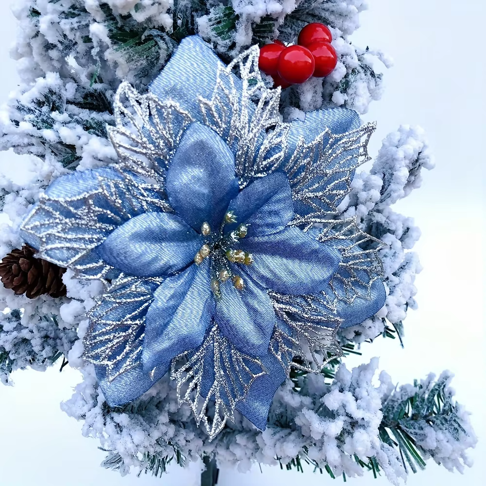 Paquet de 24 décorations de fleurs artificielles de noël Poinsettia en tissu pour arbre