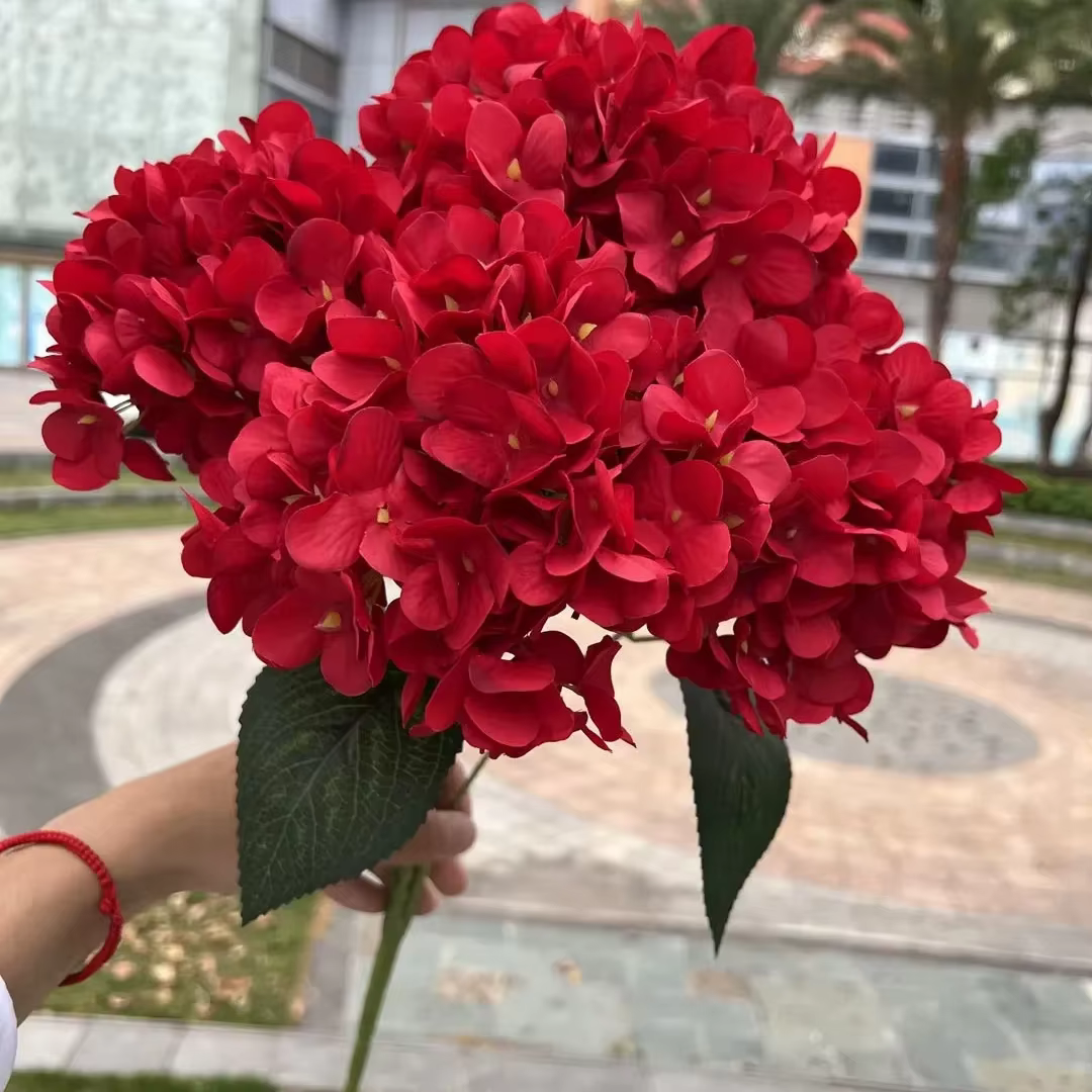 Grande taille 5 têtes blanc rouge hortensia fleurs artificielles soie bricolage mariage mariée Bouquet fausses