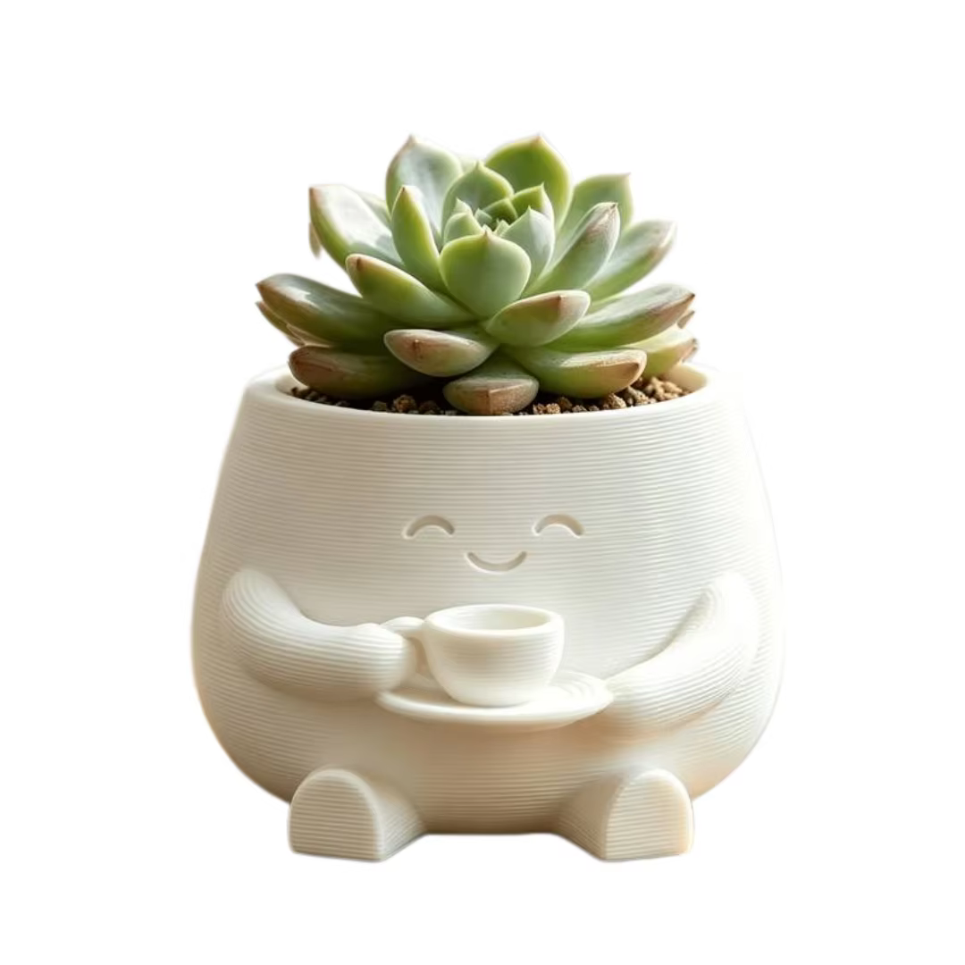 1PC Pot de fleurs succulentes en forme de tasse à café avec figurine souriante imprimée en 3D