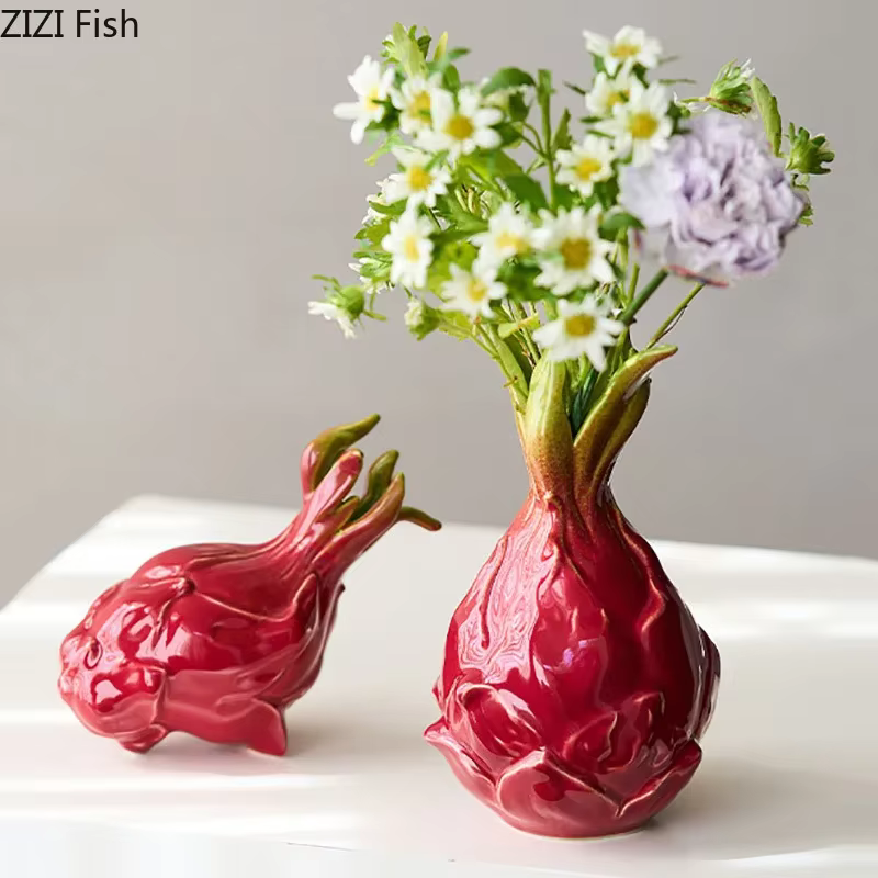Vase en céramique créatif en forme de Pitaya, décoration de bureau, Arrangement de fleurs artificielles, Vases décoratifs, décor esthétique de salle