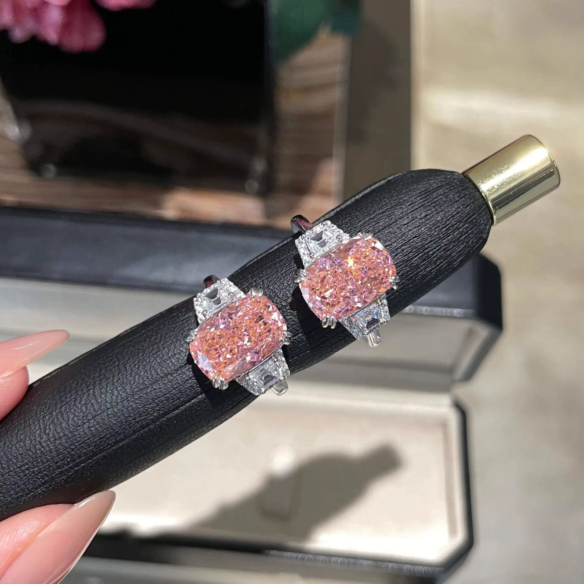 Bague en argent sterling S925 avec diamant rose taille fleur de glace, bague rectangulaire de luxe légère avec diamant à haute teneur en carbone pour femme