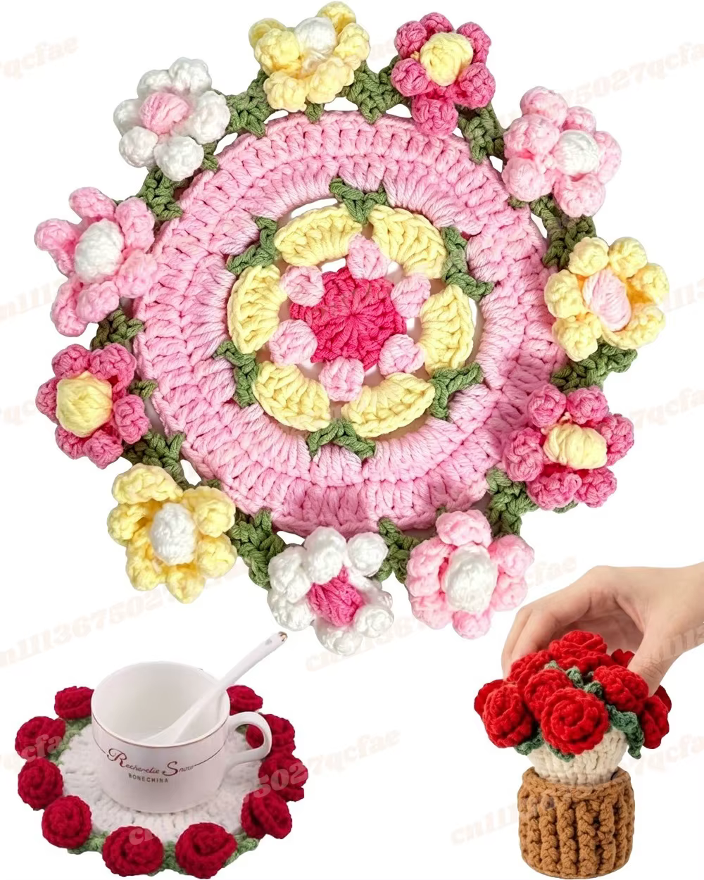Sous-verres en crochet motif bouquet de fleurs